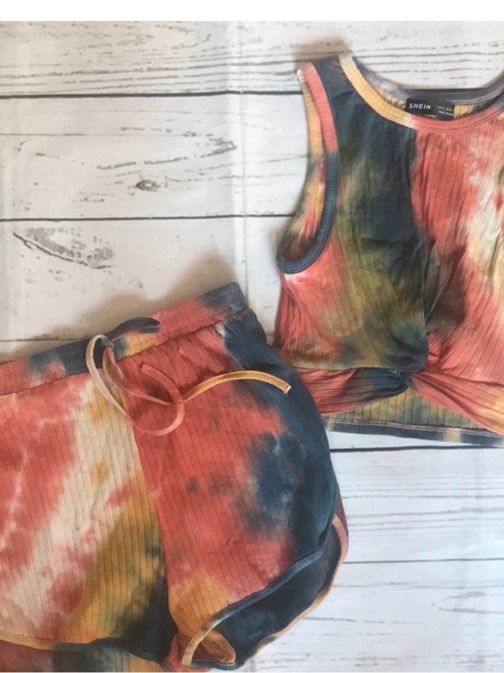 SHEIN Tie-Dye Ribbed Shorts in Orange, Blue, Yellow & Cream